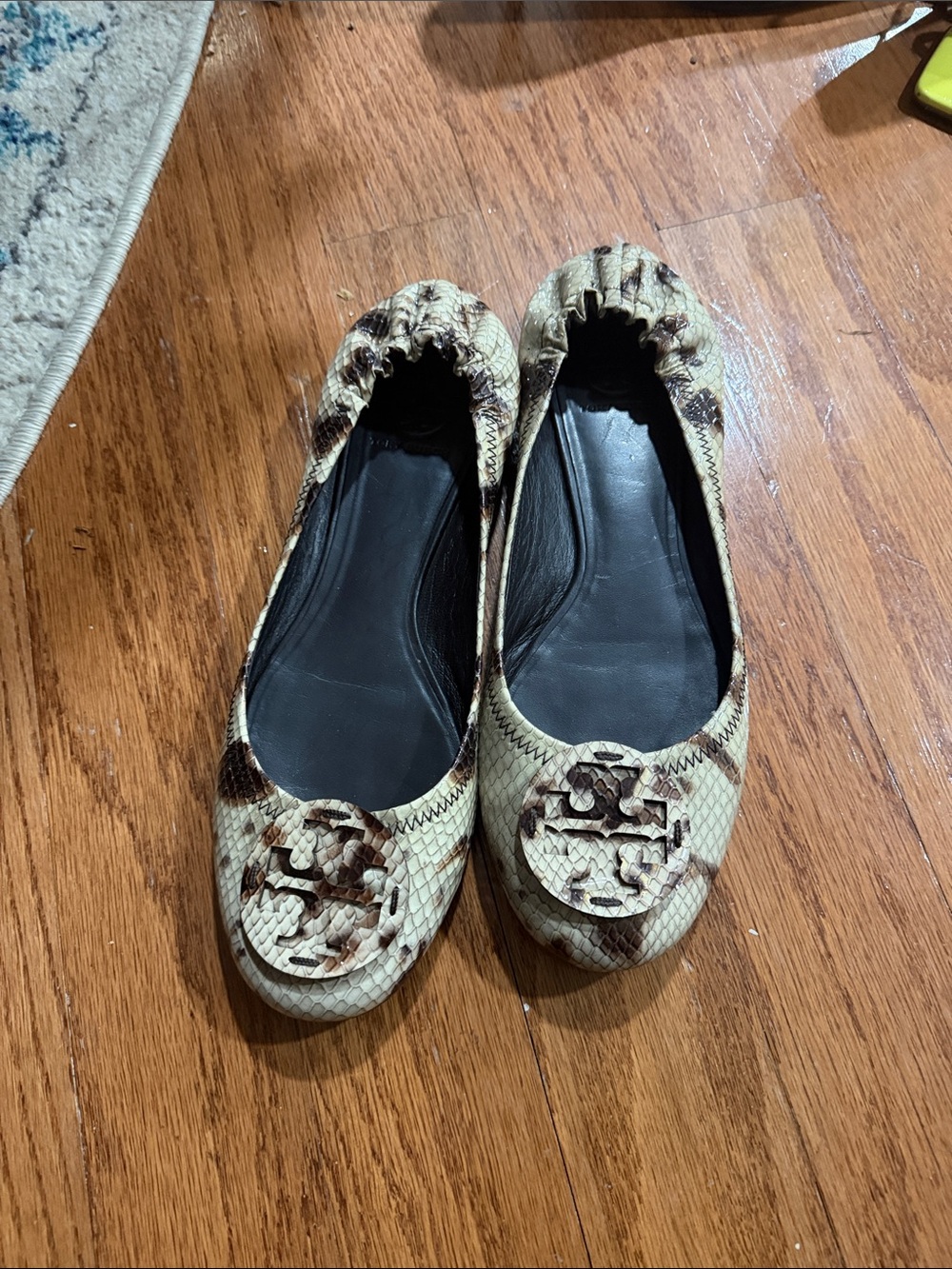 Tory Burch Cream and Brown Snake-Print Reva Ballet Flats